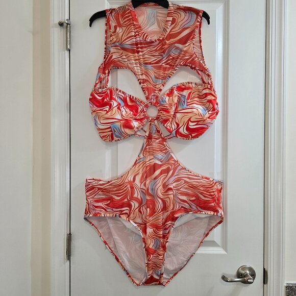 Fashion Nova Lyla Halter 1 Piece Swimsuit - Coral/Combo - NWT - Picture 3 of 8